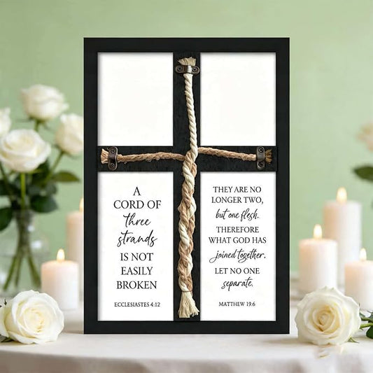 A Cord of Three Strands Wedding Unity Cross Sign Braided Rope Ceremony Art | 15x10 Inch Rustic Farmhouse Black Wood Framed, Christian Marriage Prayer Wall Decor for Couples, Anniversaries & Prayer Rooms
