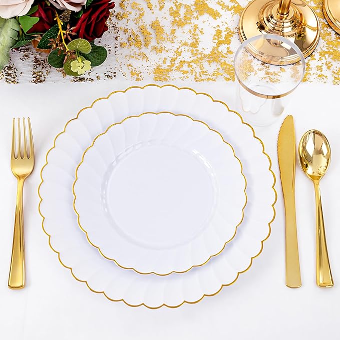 YOUBET 350PCS Gold Scalloped Plastic Plates - White and Gold Disposable Dinnerware Set Include 100 Plates, 150 Gold Silverware, 50 Cups, 50 Napkins for Wedding Party