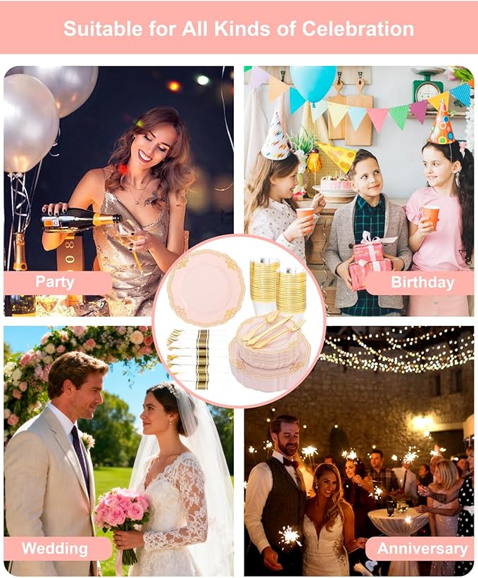 Ciaell 350 PCS Pink Plastic Plates - Pink and Gold Disposable Plates Include 50 Disposable Plate, 150 Heavy Duty Silverware, 50 Cups, 50 Napkins for Wedding & Party & Anniversary & Mother's Day
