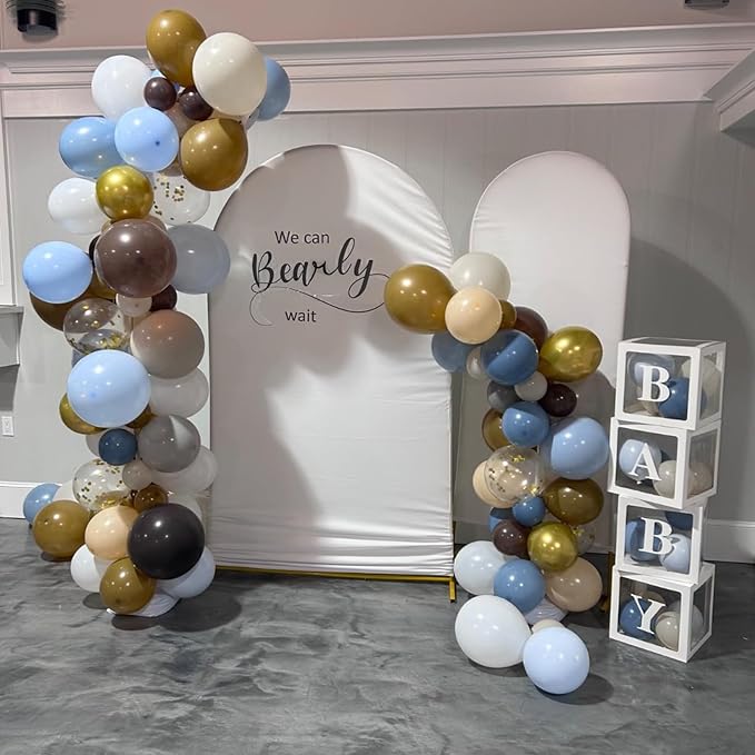 Double Stuffed Dusty Blue Brown Balloon Arch Kit, Neutral Balloon Garland Pastel Baby Blue Dark Brown White Sand Beige Tan Latex Balloons for Boys Baby Shower Teddy Bear Birthday Party Decorations