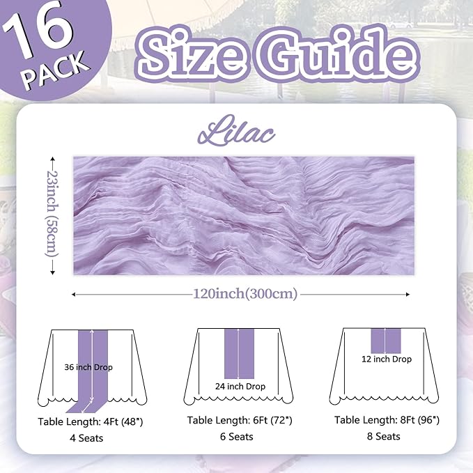 16 Pack Lilac Purple Cheesecloth Table Runner 10ft Boho Gauze Fabric 120 Inch Cheese Cloth Table Runner Rustic Sheer for Holiday Baby Shower Party Décor Home Wedding Decoration