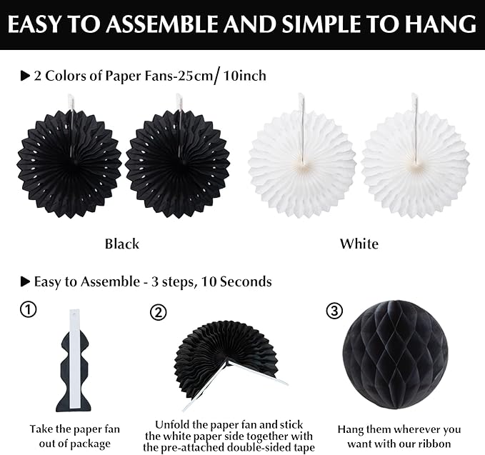 Black Gray Party Decoration,23Pcs Hanging Paper Fans, Pom Poms Flowers, Garland String Polka Dot and Triangle Bunting Flag Packs for Boy Birthday, Bridal Shower, Baby Boy Showers, Wedding, Graduation
