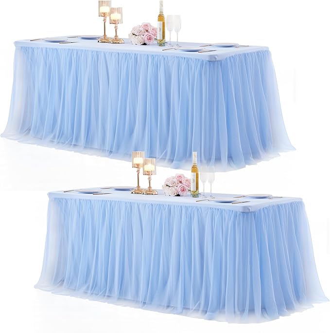 Baby Blue Table Cloths for 6 Foot Rectangle Tables, Tulle Table Skirt Baby Shower Table Covers for 6 Foot Tables Desk Skirt Party Wedding Banquet Tablecloth Elastic Stretch Fitted Ruffle Table Cloth