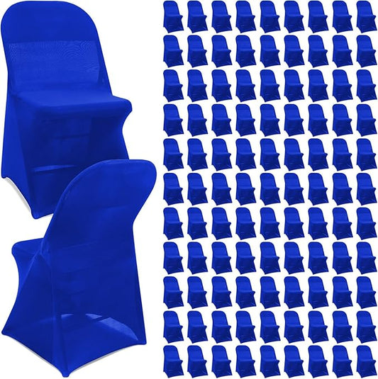 Newwiee 100 Pcs Spandex Chair Covers Bulk - Stretch Folding Flat Front Fitted Universal Chair Protector Pack Removable Washable for Wedding Party Dining Banquet Event (Blue)