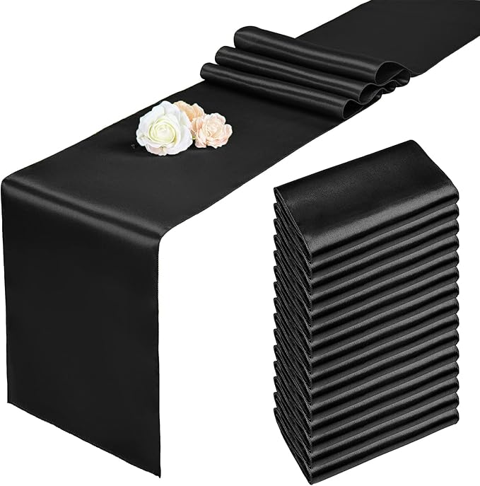 Pesonlook 15 Pack Black Satin Table Runners 12 x 108 Inch Long Table Runners for Rectangle Round Tables,Smooth Satin Table Runner for Wedding,Birthday Party Banquets Graduation Engagements Decoration