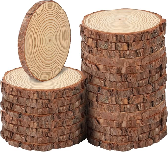 24 PCS Unfinished Wood Slices for Centerpieces, 6.3-7 Inch Natural Wood Slices with Tree Bark Pine and Wood Rounds Discs for DIY Crafts, Centerpieces, Art & Decor