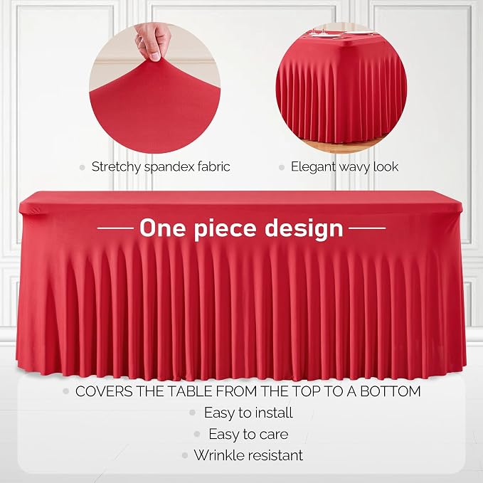 1 Pack Red Table Clothes for 4 Foot Rectangle Tables, Wrinkle Resistant Stretch Spandex Table Covers Fitted Tablecloth with Skirt for Valentines Wedding Birthday Party Event Banquet