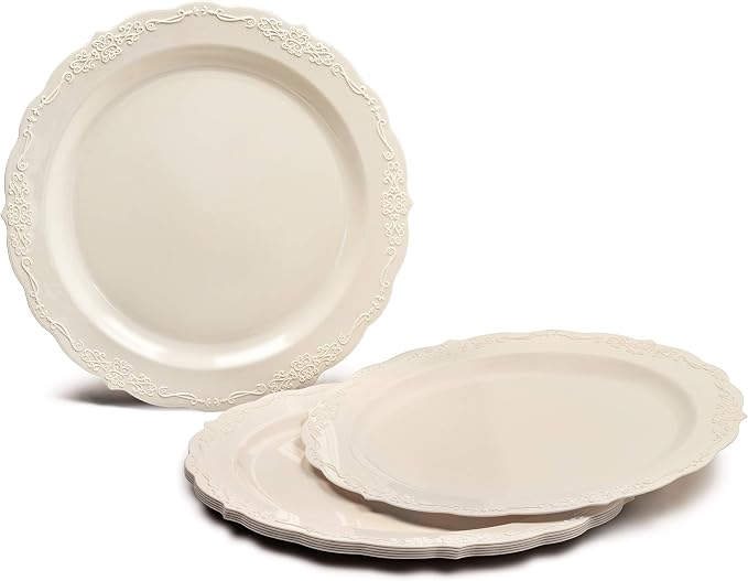 OCCASIONS 240 Piece Plastic Plates Set for 120 Guests – 120 10" Dinner & 120 7.5" Dessert Plates, Heavy Duty Disposable Dinnerware, Verona Plain Ivory