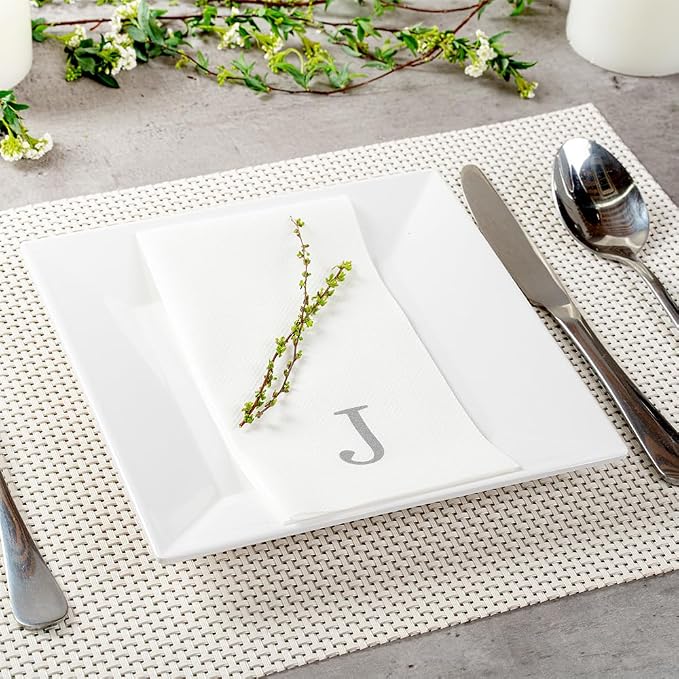 Luxenap 15.8 X 7.9 Inch Linen-Feel Guest Towels, 2000 Lettered Hand Towels - Silver Letter 'J', Sans Serif Font, White Paper Dinner Napkins, airlaid, For Restrooms And Tables - Restaurantware