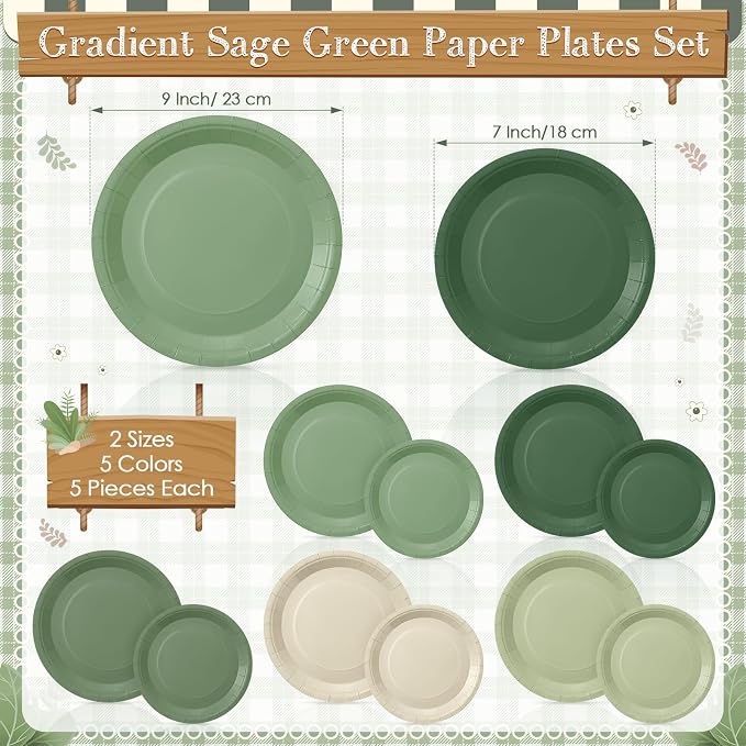 Mimorou 177 Pcs Sage Green Plates and Napkins Set Serves 25 Guests Gradient Sage Green Tablecloth Plates Cup and Napkins Tableware for Birthday Wedding Bridal Baby Shower Party Supplies