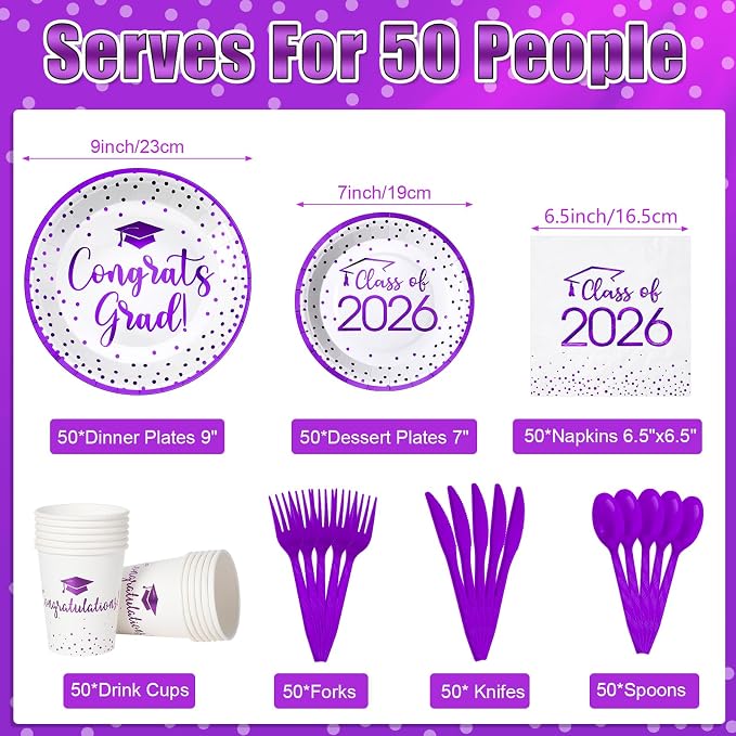 350pcs Class of 2026 Graduation Plates and Napkins Set, Disposable Paper Plate Set Polka Dots Napkins Cups Knife Fork Spoon for Graduation Party Decorations and Supplies,Serve 50 (White Purple)