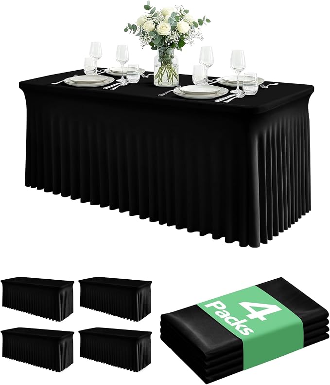 4 Pack Spandex Table Cover Skirts for 4 ft Rectangle Tables, Black Stretch Table Cloths with Floor-Length Ruffle, Elastic Fitted Skirted Tablecloth for Elegant Wedding Banquet Party Buffet Decoration