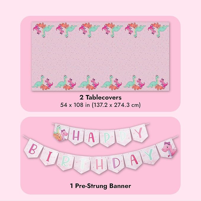 195-Piece Pink Baby Girl Dinosaur Birthday Party Supplies with Plates, Napkins, Cups, Cutlery, Banner, Hats, Table Covers (Serves 24) - Pastel Pink Dinosaur Party Decorations