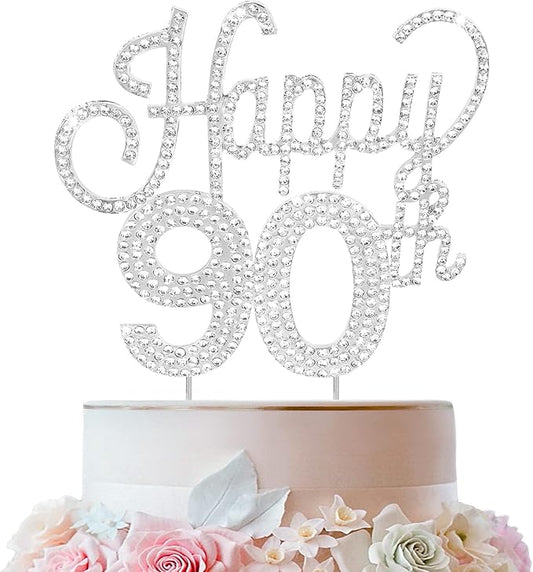 LINGTEER Happy 90th Birthday Silver Rhinestone Cake Topper - Cheers to 90th Birthday Ninety Years Old Anniversary Party Cake Centerpieces Topper Decorations Gift Sign.
