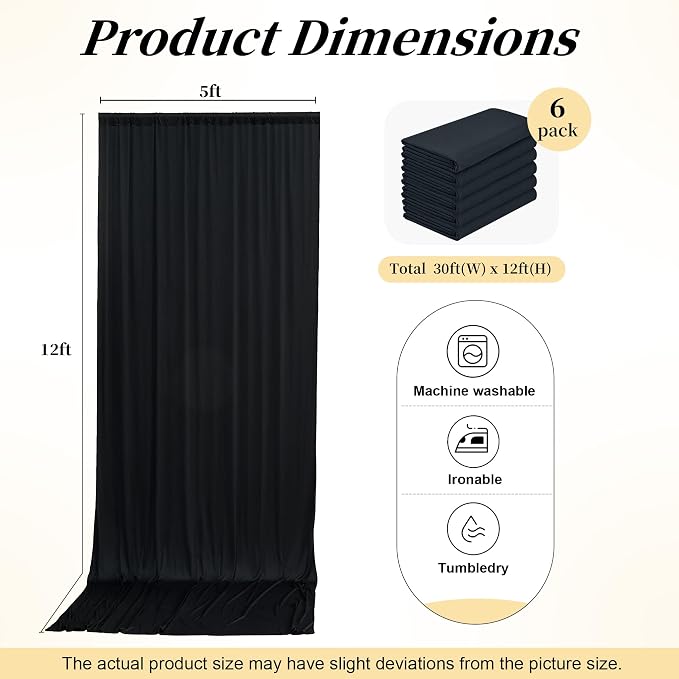30ftx12ft Wrinkle Free Black Backdrop Curtains for Parties, 6 Panels 5x12FT Long Silky Polyester Black Photo Backdrop Drapes Back Drop Cloth for Wedding Birthday Photography Background Decor