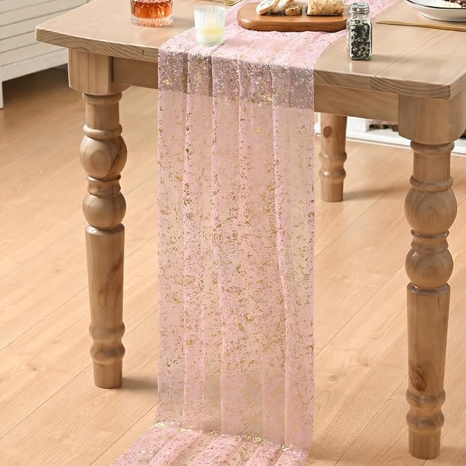 Artoid Mode 3PC Gold Gauze Pink Table Runner 120 Inch 10FT, Glitter Metallic Foil Sheer Dining Wedding Anniversary Holiday Birthday Table Decor for Home Party