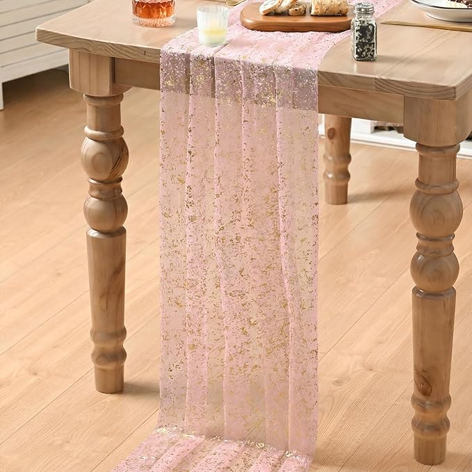 Artoid Mode 6PC Gold Gauze Pink Table Runner 120 Inch 10FT, Glitter Metallic Foil Sheer Dining Wedding Anniversary Holiday Birthday Table Decor for Home Party