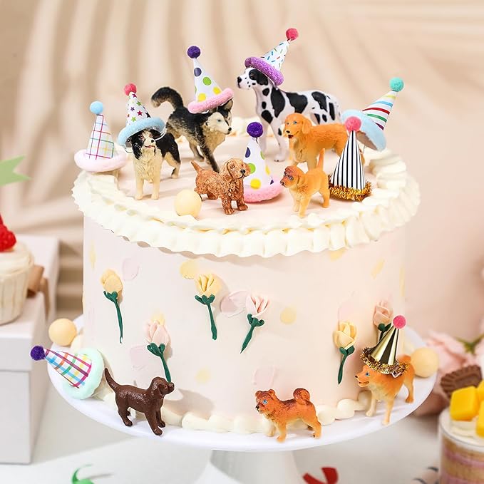 Colingmill 18 Pcs Dog Birthday Party Decorations Mini Birthday Hat Animal Figure Model Cake Toppers with Mini Hat for Birthday Party, Animals Themed Party