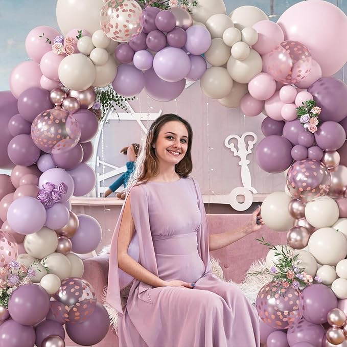 Amandir 173Pcs Dusty Purple Balloon Arch Garland Kit, Double-stuffed Pink White Sand Lavender Lilac Light Purple Rose Gold Confetti Balloons for Bridal Shower Wedding Birthday Party Decorations