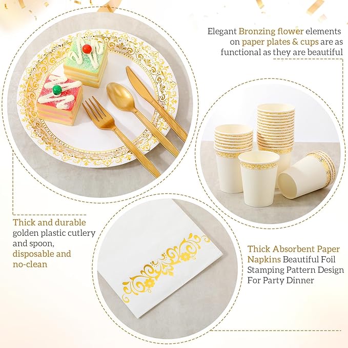 Didaey 700 Pcs Disposable Dinnerware Set for 100 Guests Include 200 Paper Plates, 300 Plastic Silverware, 100 Paper Cups, 100 Napkins for Wedding Birthday Party Supplies (White Gold Pattern)