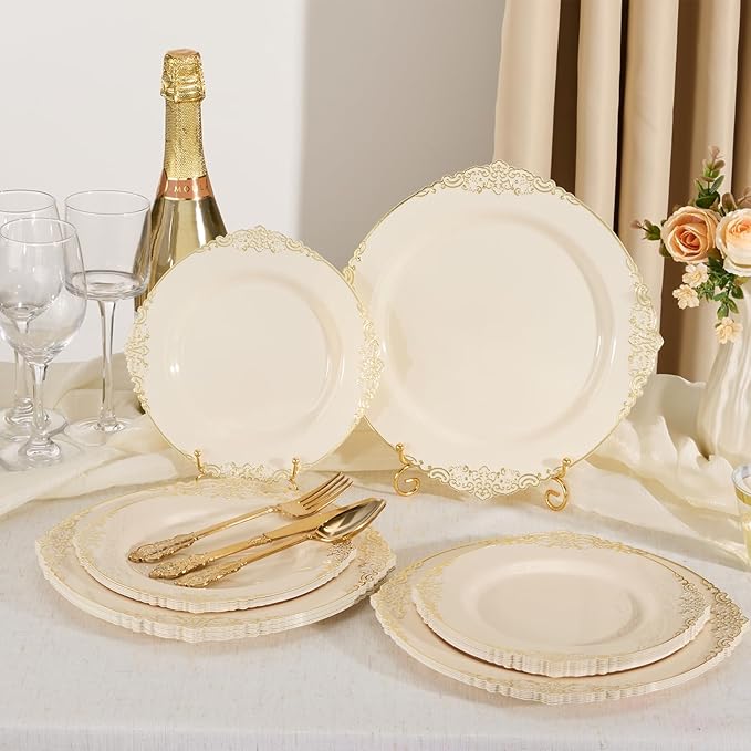 Goodluck 250 PCS Vintage Ivory & Gold Rim Plastic Plates with Cutlery Set - Serves 50 - Heavy Duty Elegant Disposable Dinnerware for Rustic Wedding, Boho Party, Tea Party