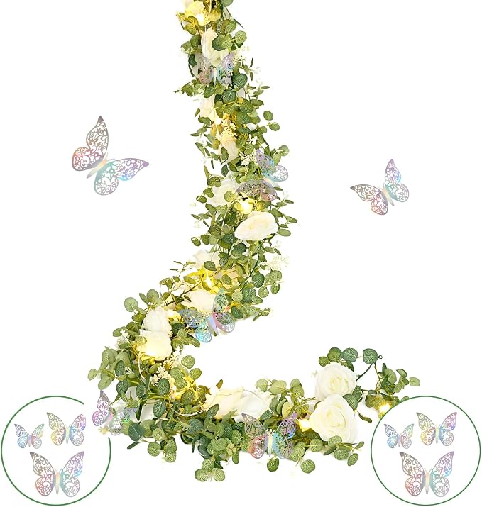 Yastouay 2 Pcs 13.1 Ft Fuller White Flower Garland with Light and 3D Butterfly, Artificial Eucalyptus Garland with Fake Rose for Table Centerpiece Wedding Arch Baby Shower Party Room Backdrop Decor