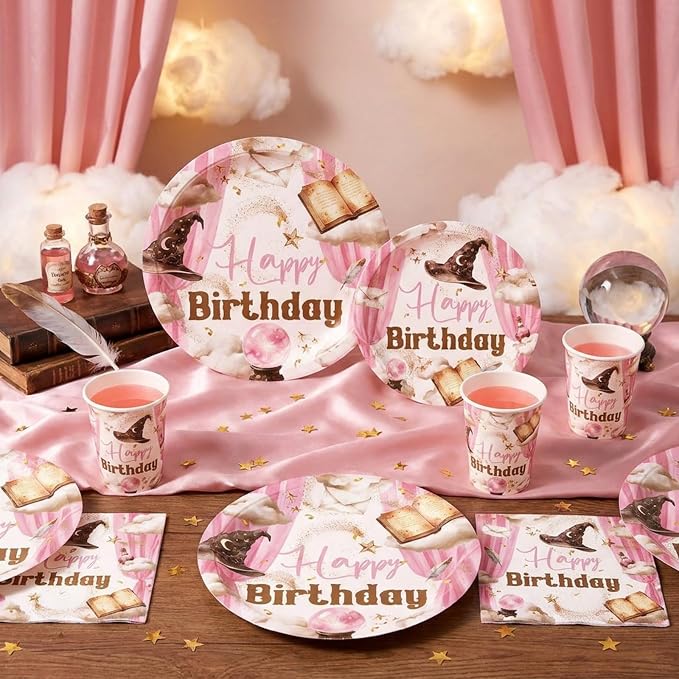 168 Pcs Magical Wizard Birthday Decorations Pink Halloween Happy Birthday Party Supplies Set Disposable Tableware Kit Magical Party Favors Serve 24