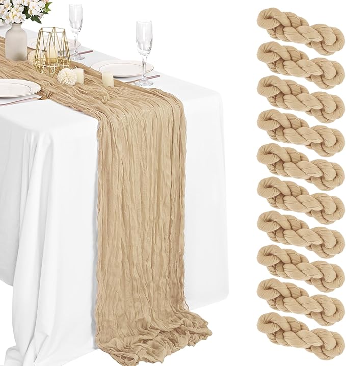 10 Packs Cheesecloth Table Runner Beige, 10Ft Rustic Gauze Boho Wedding Table Runner Decoration, Wedding Table Decor Table Cloth for Wedding Party Bridal Shower Table(35x120 inch)