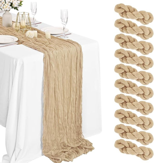 10 Packs Cheesecloth Table Runner Beige, 10Ft Rustic Gauze Boho Wedding Table Runner Decoration, Wedding Table Decor Table Cloth for Wedding Party Bridal Shower Table(35x120 inch)