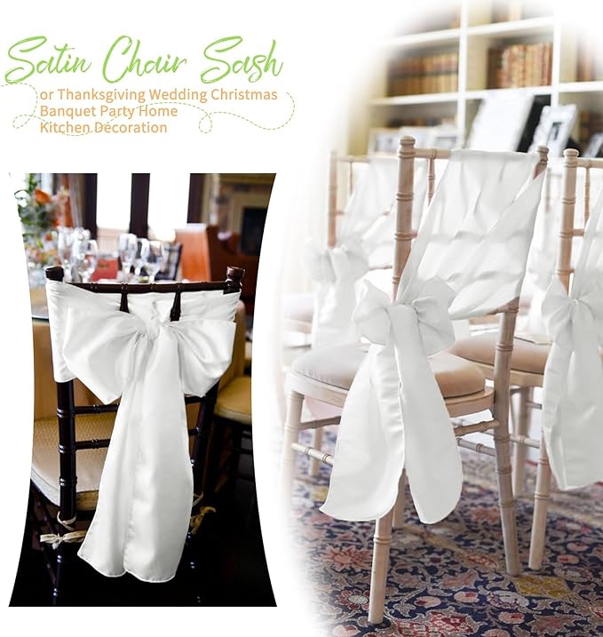 120 PCS White Satin Chair Sashes, Ties Bows Designed Chairs Decorative, Chair Cover Sashes for Thanksgiving Wedding Christmas Banquet Party Home Kitchen Decoration (7 x 108 inch)