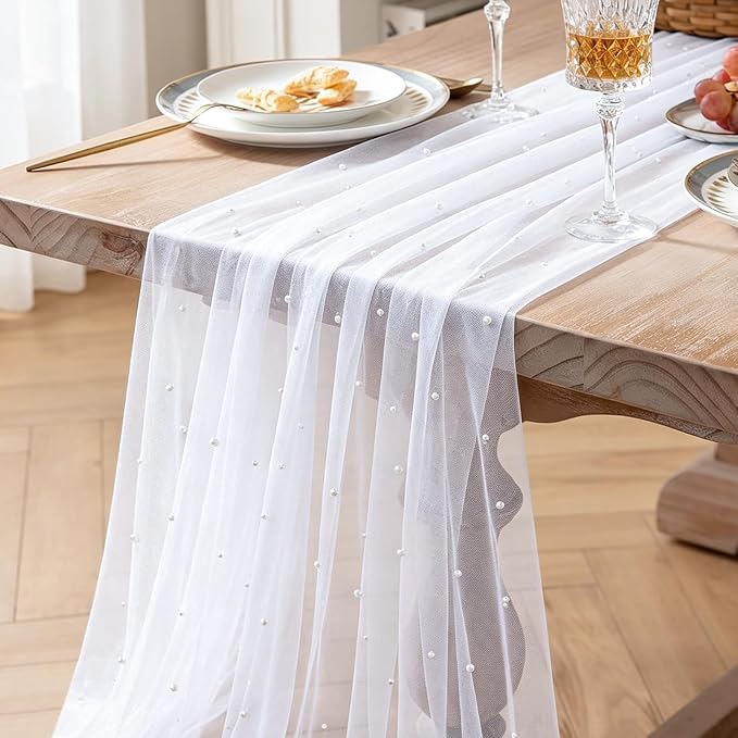 BINBE Pearl Table Runner Spring Summer Rustic Boho 10ft Tulle Table Runner for Baby Shower Wedding Veil Holiday Dessert Table Decor Lvory