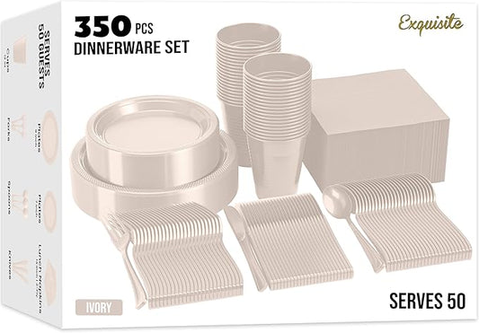 350 Pcs Ivory Plastic Plates For Party, Ivory Disposable Plates Set, 50 Of Each 9" Dinner Plate Set, 7" Dessert Plate, Cups, Napkins & Cutlery Plastic Dinnerware Set Exquisite