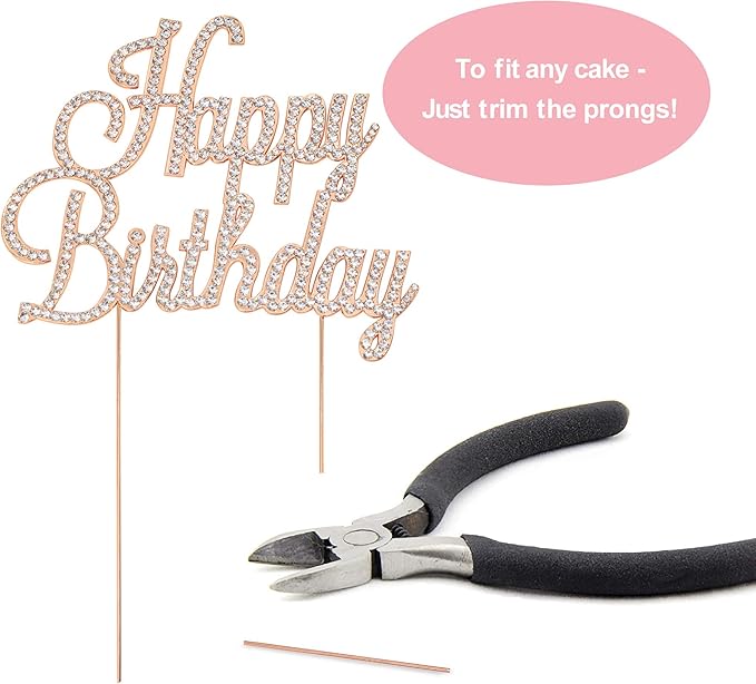 Happy Birthday Cake Topper - Premium Rose Gold Metal - Happy Birthday Party Sparkly Rhinestone Decoration Makes a Great Centerpiece - Now Protected in a Box
