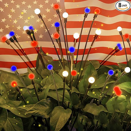 OZS 8Pack Solar American Flag Lights - 4th of July (Red White Blue)