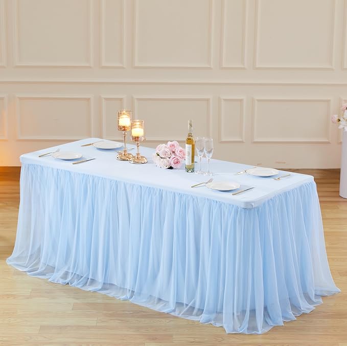 Baby Blue Tulle Tablecloth Table Skirt for 6 Foot Rectangle Tables, Baby Shower Blue Table Cloths Ruffle Tutu Table Skirt Stretch Fitted Table Covers for Wedding Birthday Party Reception Celebration