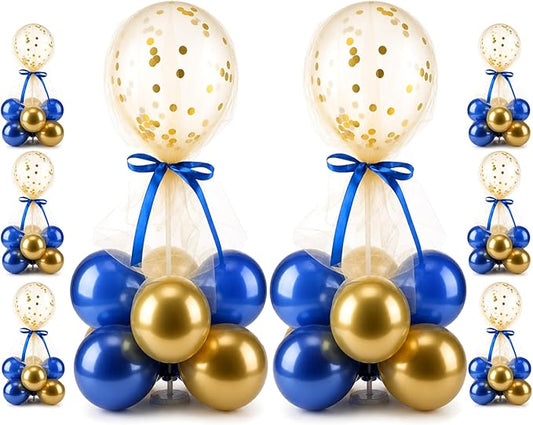 BBTO 8 Set Blue Gold Balloon Centerpieces for Table, Balloons Stand Kit with Base Tulle for Wedding Birthday Grad Prom Centerpieces Party Back to School Baby Shower