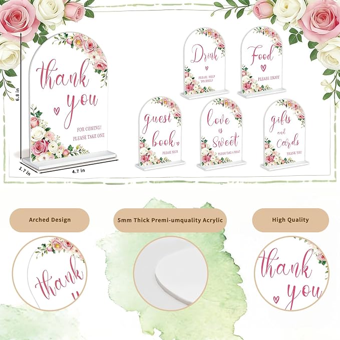 6 Pcs Acrylic Wedding Signs Decor - Arch Wedding Sign with Base, Wedding Decorations for Reception Romantic Wedding Anniversary and Event Decoration Scenarios(4.7 * 6.8 Inch)