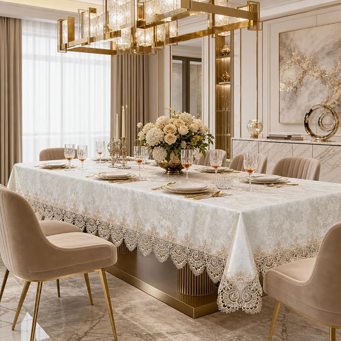 ARTABLE Lace Table Cloth Rectangle Modern Decor Macrame Tablecloth Contemporary Damask Table Linen for Outdoor Farmhouse Rustic Kitchen Party Birthday Picnic (Light Brown, 60 x 140 Inch)