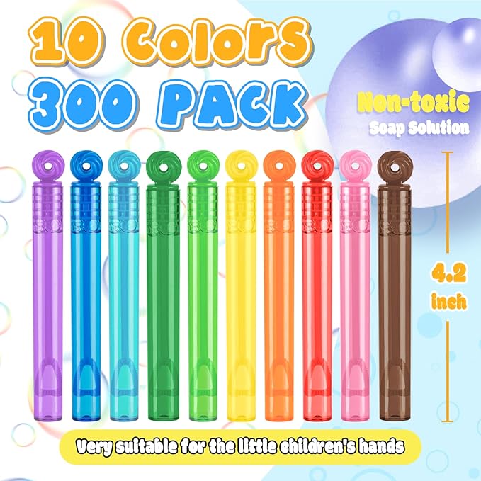 300Pcs Mini Bubble Wands, Assortment Party Favors Toys for Kids Child, 10-Color Wands Summer Beach Pool Toys, Christmas Celebrations, Thanksgiving New Year, Themed Birthdays, Weddings