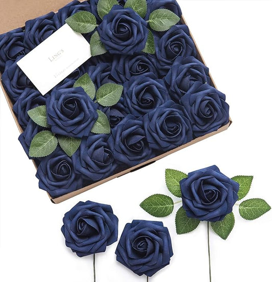 Ling's moment Artificial Flowers 50Pcs Navy Blue Roses Decor w/Stems,3" DIY Foam Floral for Wedding Bouquet/Centerpieces, Outdoors Party Backdrop, Room/Table, and Garden/Pot Decorations