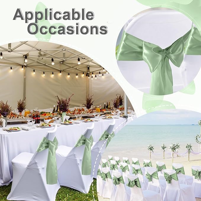 Lounsweer 50 Pcs Folding Chair Cover Set with 25 Stretch Spandex Slipcovers 25 Satin Chair Sashes Bows Ribbon Washable Banquet Protector for Wedding Event Party(White, Sage Green)