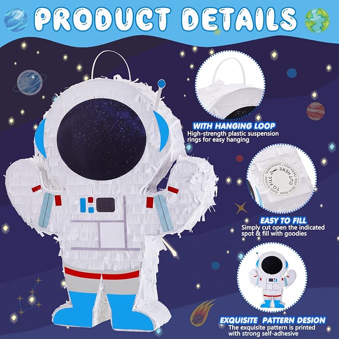 Meooeck Astronaut Piñata 14.5 x 12.2 x 2.95 Inch Outer Space Party Decorations Space Themed Party Supplies with Plastic Stick Paper Blindfold Confetti for Birthday Kids Boys Girls Decoration