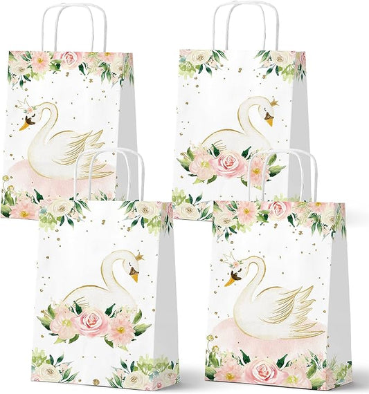 HaPiBiDesign Swan Party Favor Bags, 24 Pack Swan Goodie Bags with Handles, Swan Princess Gift Bags, Swan Treat Bags for Girls Birthday Party, Swan Baby Shower Party Supplies