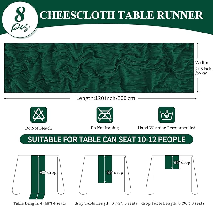 8 Pack 10Ft Cheesecloth Table Runner Dark Green, 20 x 120 Inch Rustic Gauze Boho Cheese Cloth Wedding Long Table Runner for Wedding Party Bridal Shower Decoration