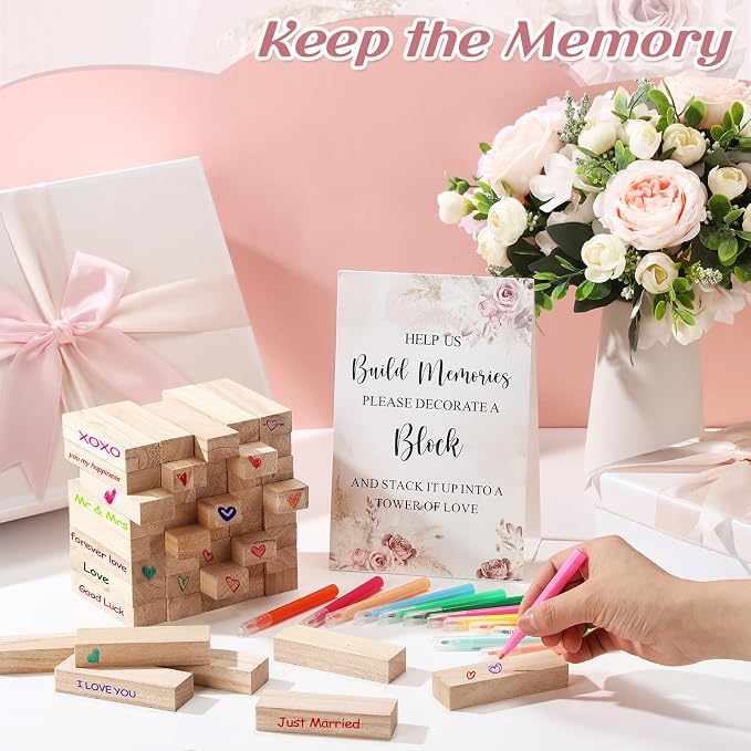 Nuanchu 125 Pcs Wedding Guest Book Alternative 100 Wooden Block Guest Book 24 Signing Pens Wedding Game Sign Wedding Decorations for Reception Bridal Shower Guest Book for Sign in(Boho)