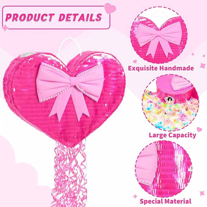 WERNNSAI Heart Piñata - Pink Heart Pull String Piñata Decoration for Women' Birthday Party Couples Dating Supply Engagement Wedding Surprise with Blindfold Stick (16.5" x 13.5" x 3")