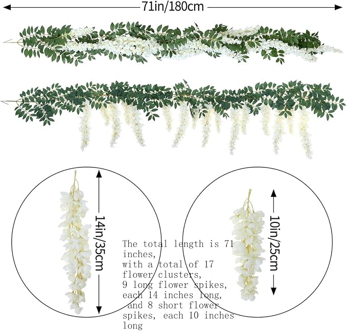 1pc/2pcs Encrypted Flower Vine Wisteria Artificial Flowers Garland,White Wisteria Hanging Flowers Flower Garland Decorations for Home Garden Outdoor Ceremony Wedding Arch Decoration (White, 2pcs)