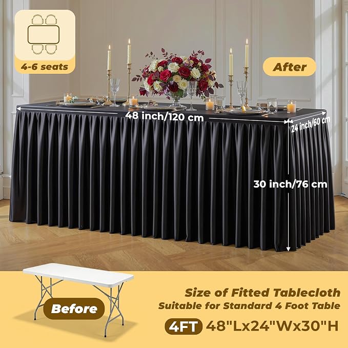 Black Polyester Table Cloths for Rectangle 4 Foot Tables, 2 Pack Wrinkle Free Tablecloths Stretchy Banquet Ruffle Fitted Table Cover Desk Skirt for Parties Wedding Birthday Baby Shower