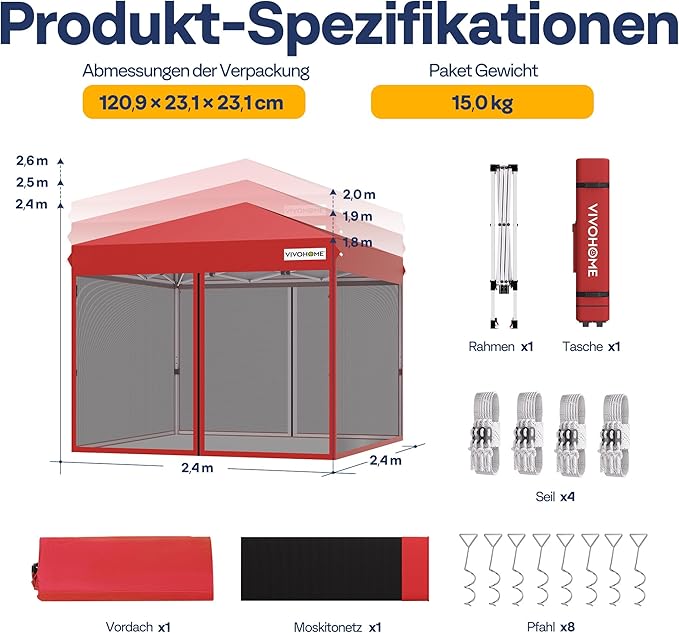 VIVOHOME 8x8ft Easy Pop-Up Canopy, Outdoor Screen Tent with Mosquito Netting, 2 Zipper Doors, and Roller Bag for Yard Camping Picnic Party Events, Red
