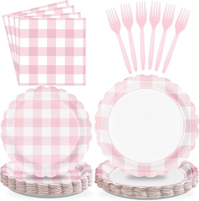96Pcs Pink Gingham Party Decorations Light Pink & White Scalloped Checkered Plaid Plates and Napkins Tableware Sets for Girls Birthday Baby Shower BBQ Pastel Theme Dinner Party Supplies Serves 24